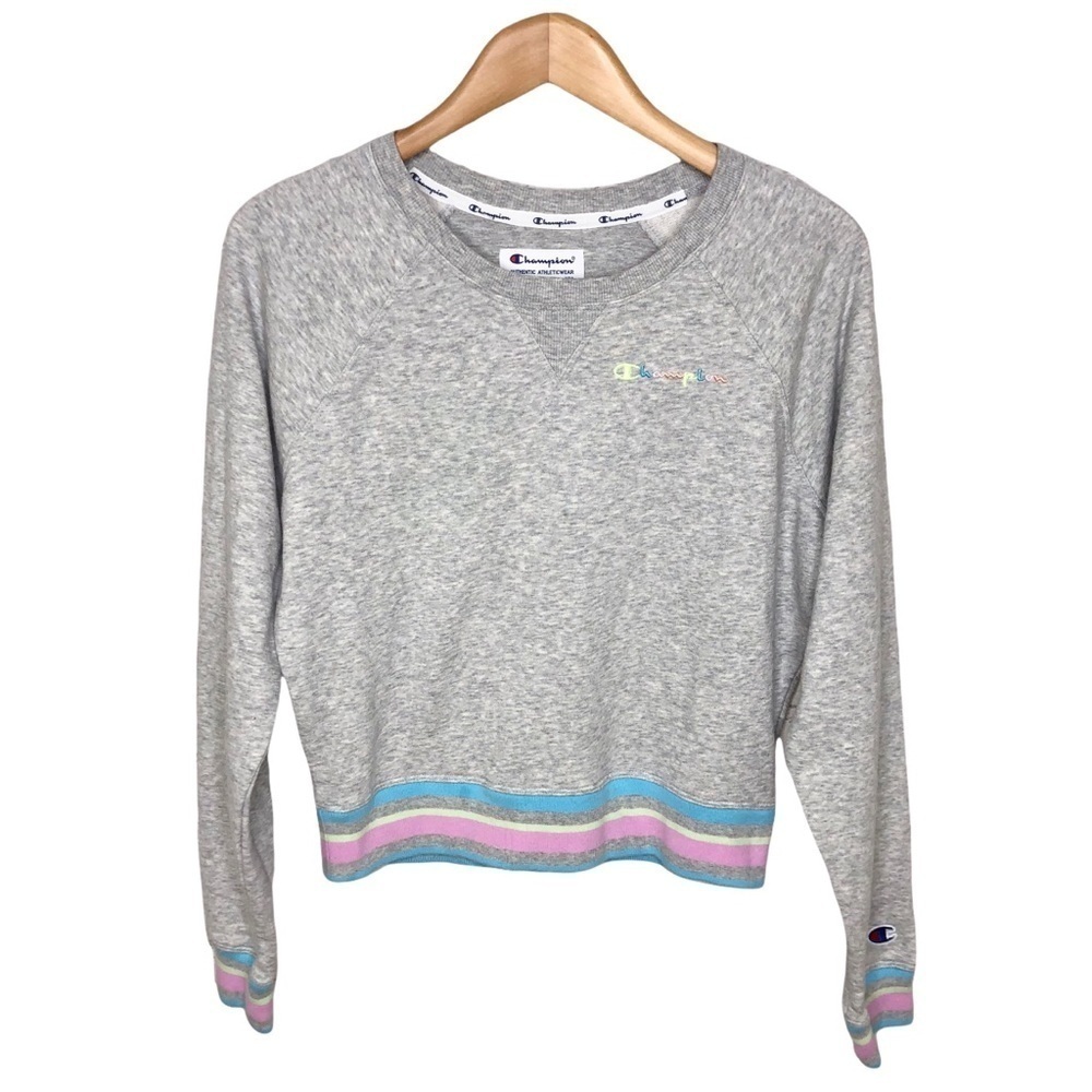 Champion Lifestyle Campus French Terry Sweatshirt Size Small Gray Pastel Stripe - Picture 2 of 8